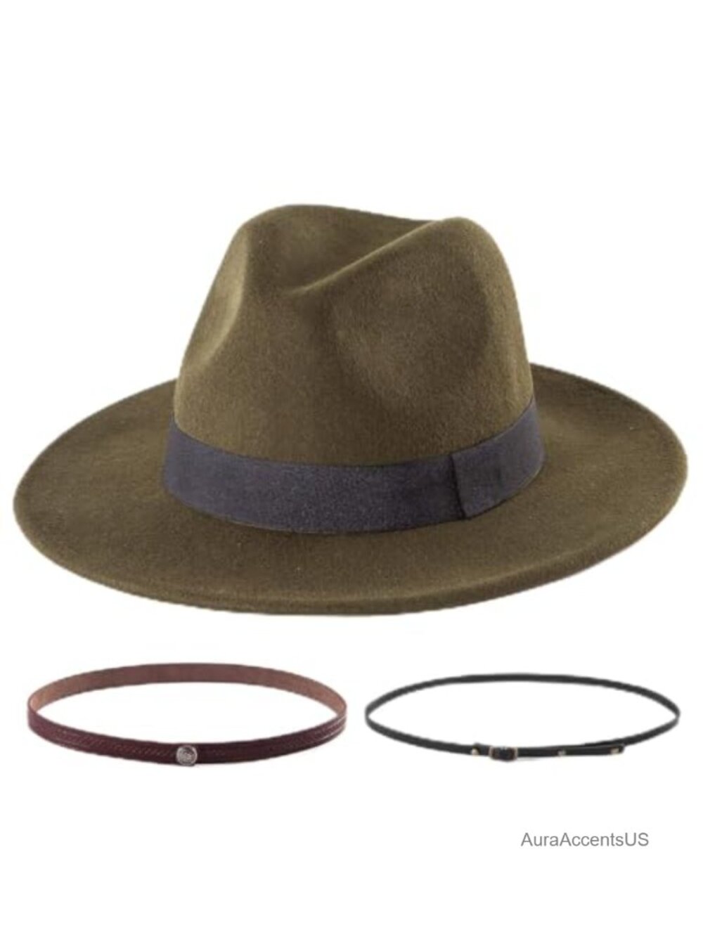 Wool Fedora Hat Wide Brim Adjustable with Interchangeable Belts